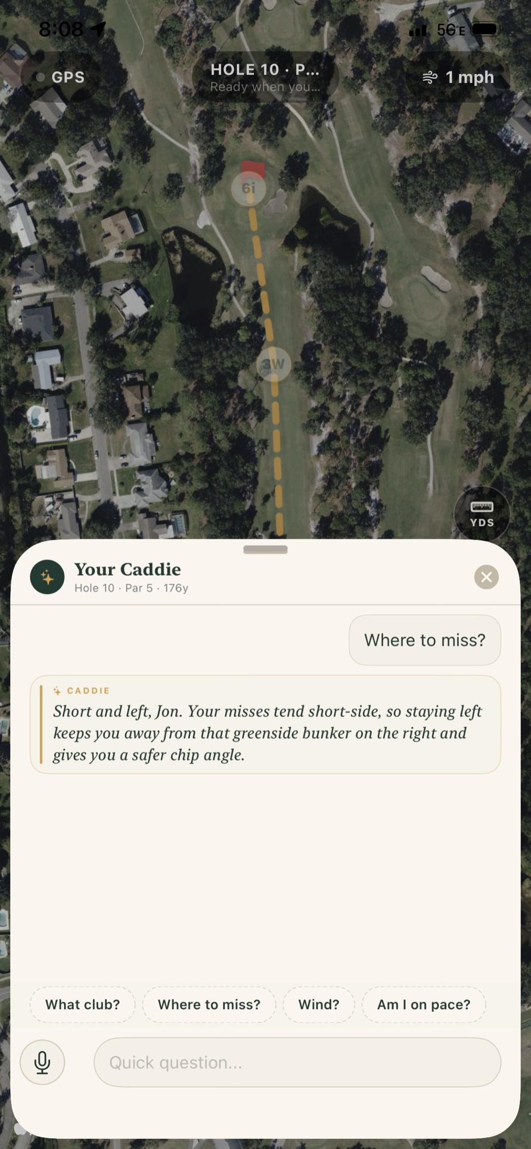 Drop The Hands caddie chat open mid-round on an iPhone