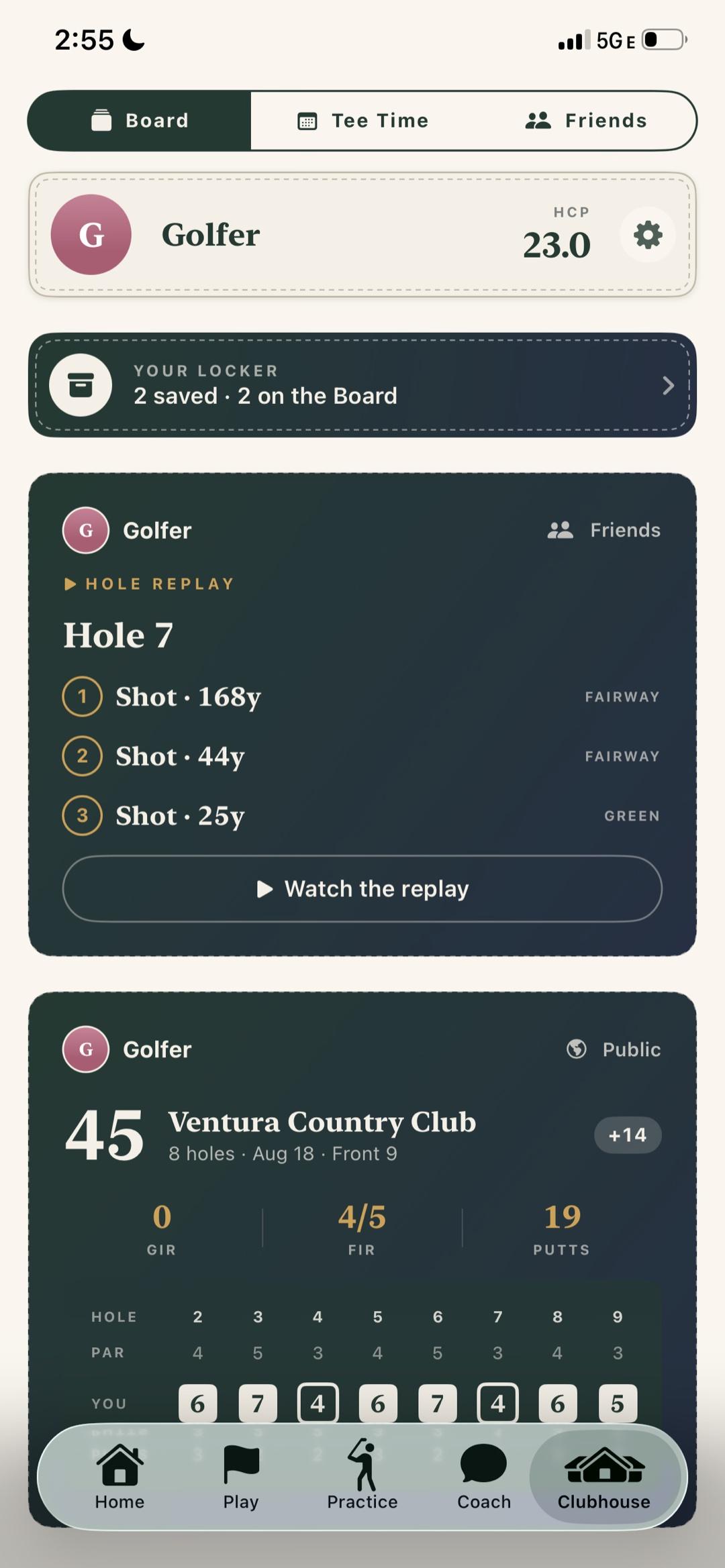 Drop The Hands Clubhouse board showing a hole replay and a shared round